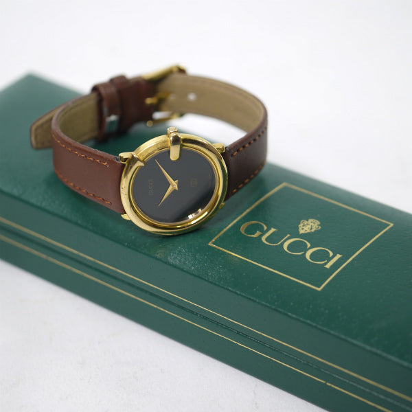 OLD Gucci 　丸型Gベゼル ブラックフェイス腕時計（茶）