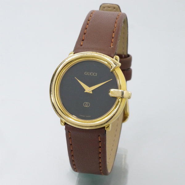 OLD Gucci 　丸型Gベゼル ブラックフェイス腕時計（茶）