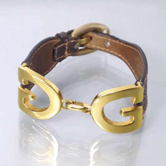 OLD Gucci　GGロゴレザーブレスレット（ゴールド/濃茶）