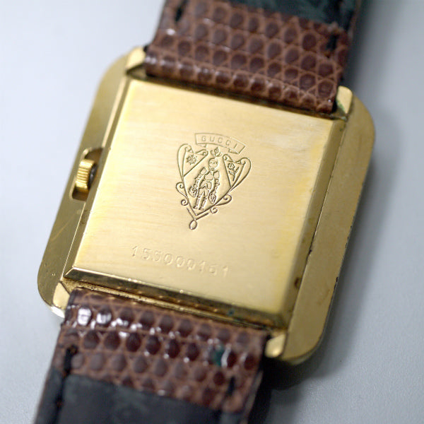 OLD Gucci スクエアシェリー腕時計（リザードバンド・明茶） – Vintage