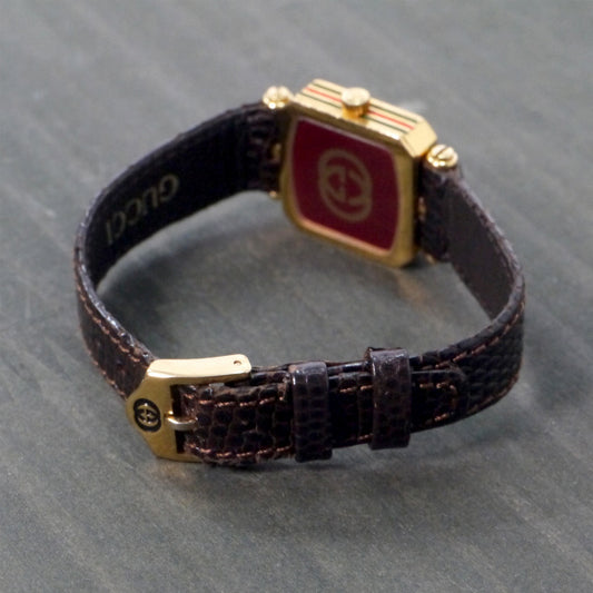 OLD Gucci　スクエアシェリー腕時計（濃茶リザード・小）