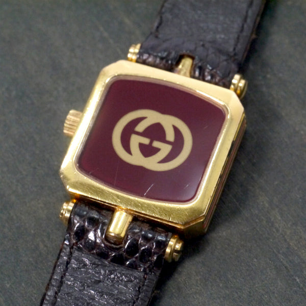 OLD Gucci　スクエアシェリー腕時計（濃茶リザード・小）