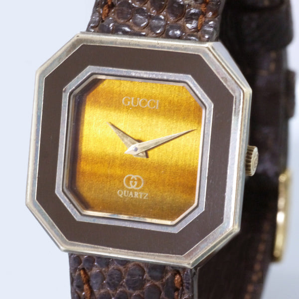 OLD Gucci　激レア!!ヘキサゴン×タイガーアイ腕時計（リザード・茶）