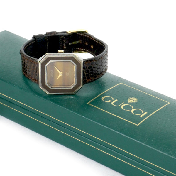 OLD Gucci　激レア!!ヘキサゴン×タイガーアイ腕時計（リザード・茶）
