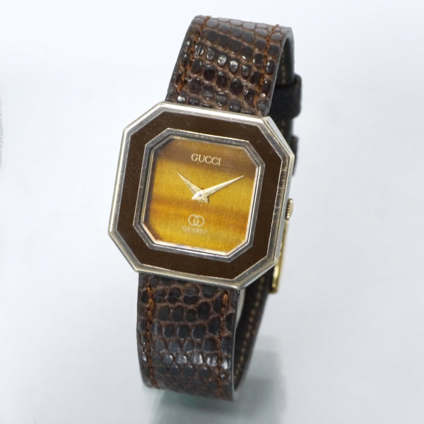 OLD Gucci　激レア!!ヘキサゴン×タイガーアイ腕時計（リザード・茶）