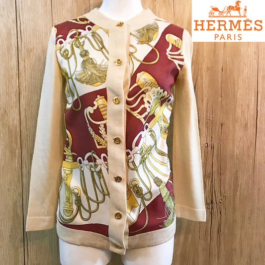 HERMES シルク スカーフ柄 カーディガン(赤×白)