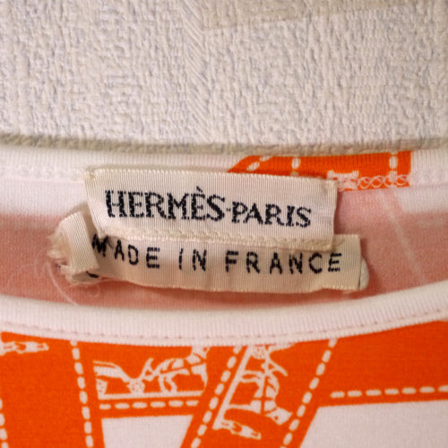 HERMES 長袖リボン柄カットソー(白×オレンジ）
