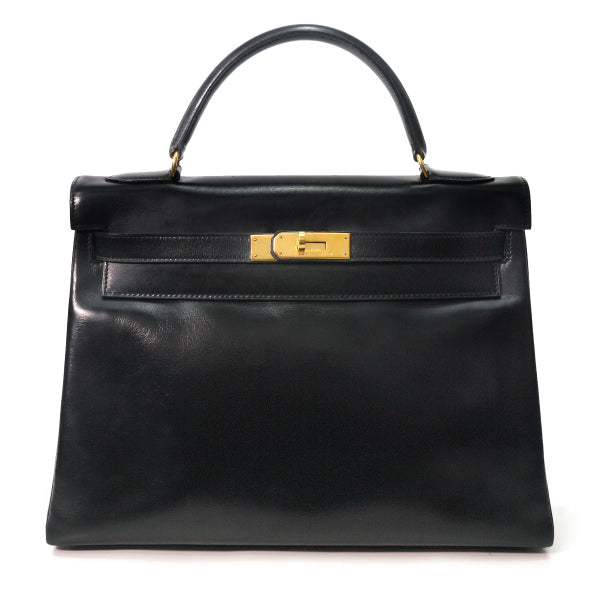 HERMES　ヴィンテージケリー32 内縫 ボックスカーフ ショルダーストラップ付き（黒）