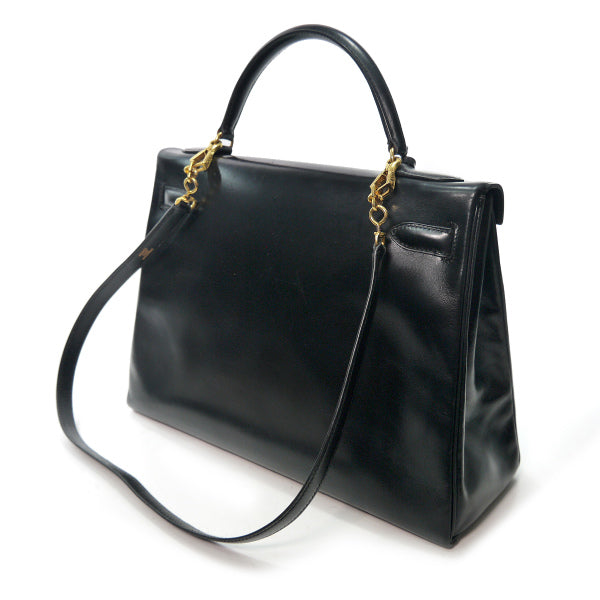 HERMES　ヴィンテージケリー32 内縫 ボックスカーフ ショルダーストラップ付き（黒）