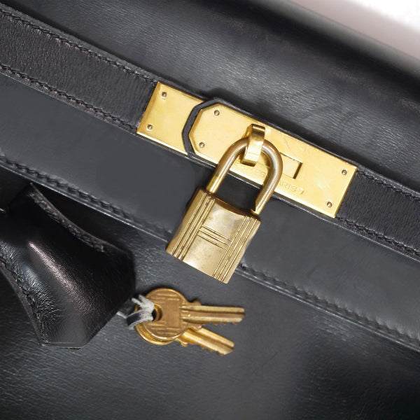 HERMES　ヴィンテージケリー32 内縫 ボックスカーフ ショルダーストラップ付き（黒）