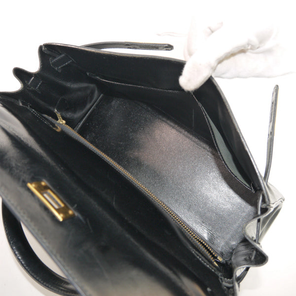 HERMES　ヴィンテージケリー32 内縫 ボックスカーフ ショルダーストラップ付き（黒）