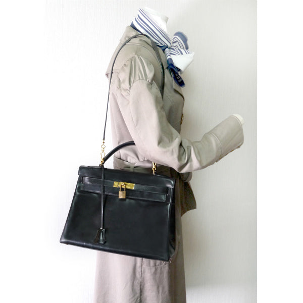HERMES　ヴィンテージケリー32 内縫 ボックスカーフ ショルダーストラップ付き（黒）