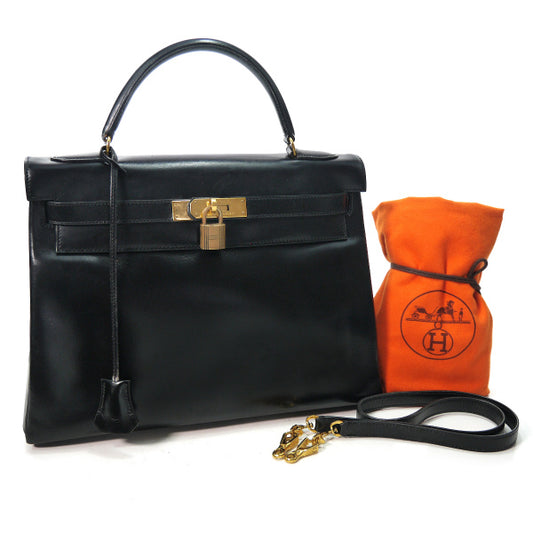 HERMES　ヴィンテージケリー32 内縫 ボックスカーフ ショルダーストラップ付き（黒）