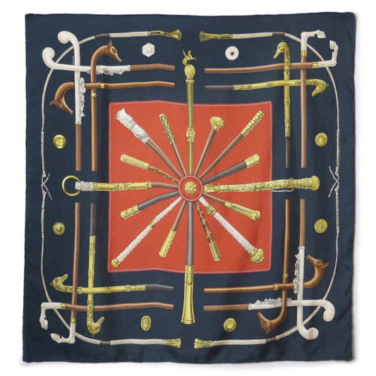 HERMES　大判カレ90 スカーフCANNES&POMMEAUX（黒/ステッキ）