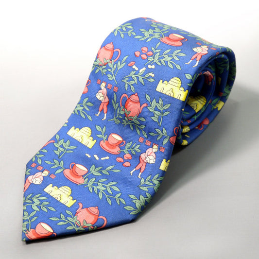 HERMES　シルクネクタイ ティーカップ柄（ブルー系）