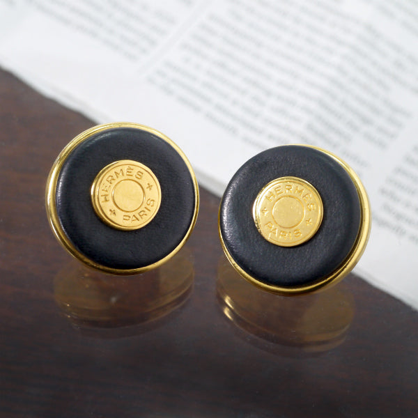 HERMES　セリエ×レザー イヤリング（黒）