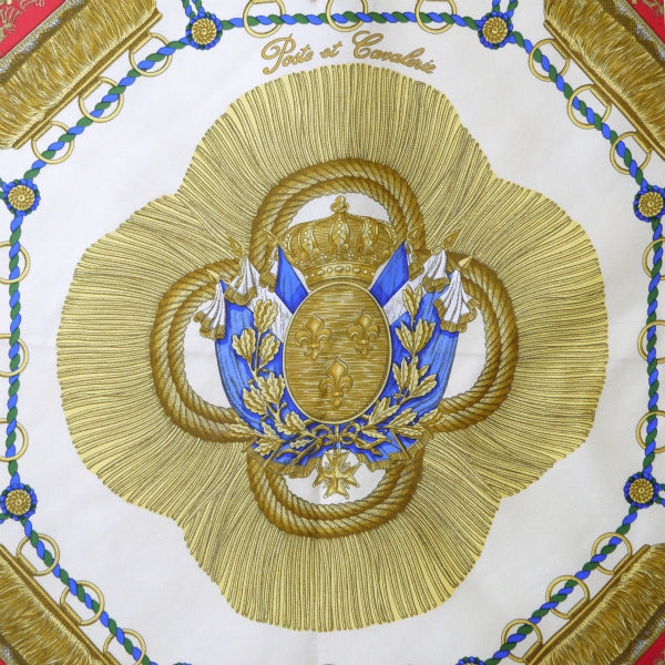 HERMES　大判カレ90スカーフ Poste et Cavalerie（アイボリー/サーベル飾り袋）