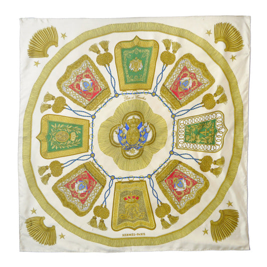 HERMES　大判カレ90スカーフ Poste et Cavalerie（アイボリー/サーベル飾り袋）