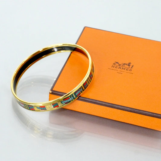 HERMES　エルメスリボン柄 エマイユPMバングル（赤系）