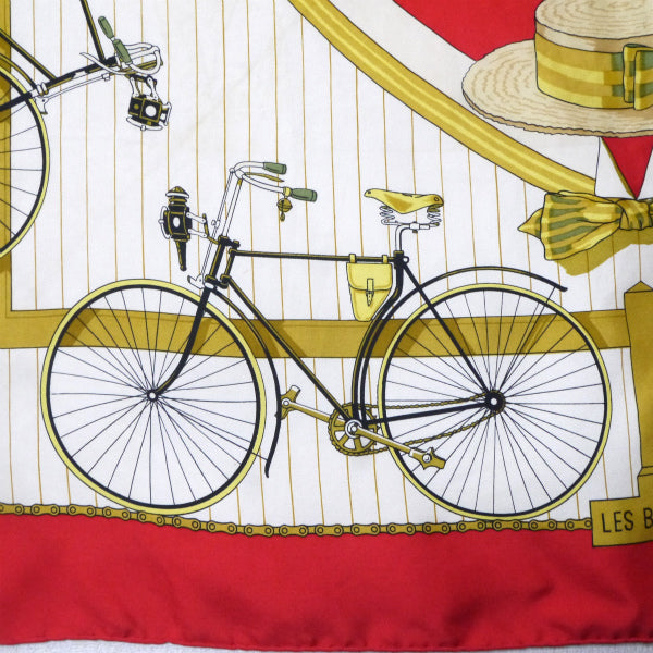 HERMES　大判カレ90スカーフ LES BECANES（赤系/自転車）