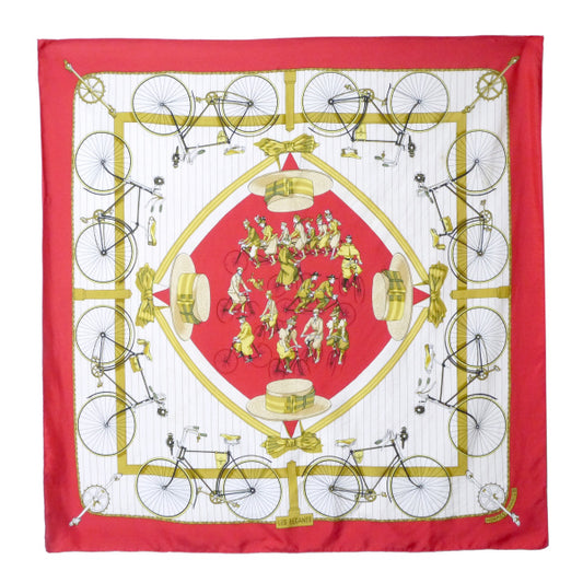 HERMES　大判カレ90スカーフ LES BECANES（赤系/自転車）