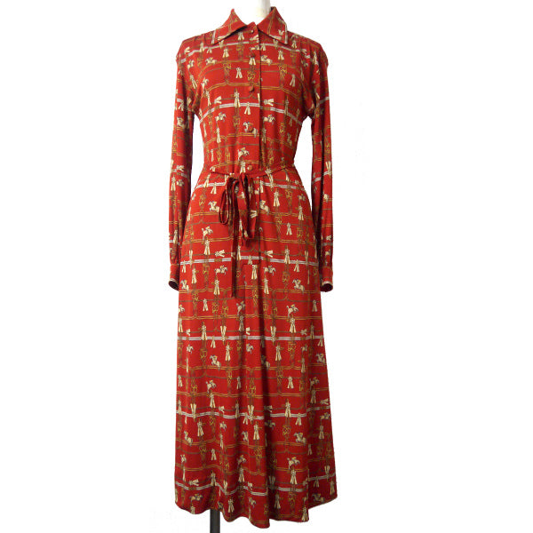 HERMES　ベルト付きシルクワンピース "JUMPING"（赤系）