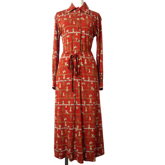 HERMES　ベルト付きシルクワンピース "JUMPING"（赤系）