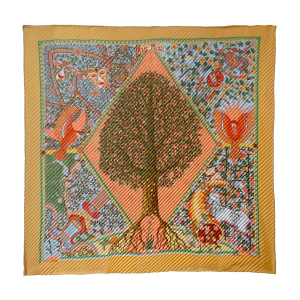 HERMES　プリーツスカーフ90"AXIS MUNDI"（橙系/世界の中心軸）
