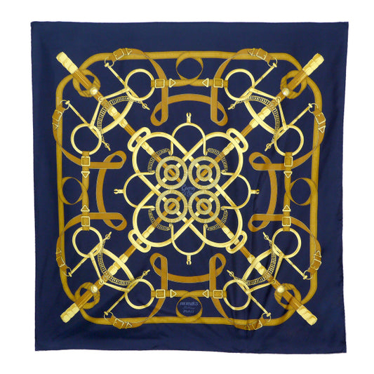 HERMES　大判カレ90スカーフ Eperon d'Or（黒系/黄金の拍車）