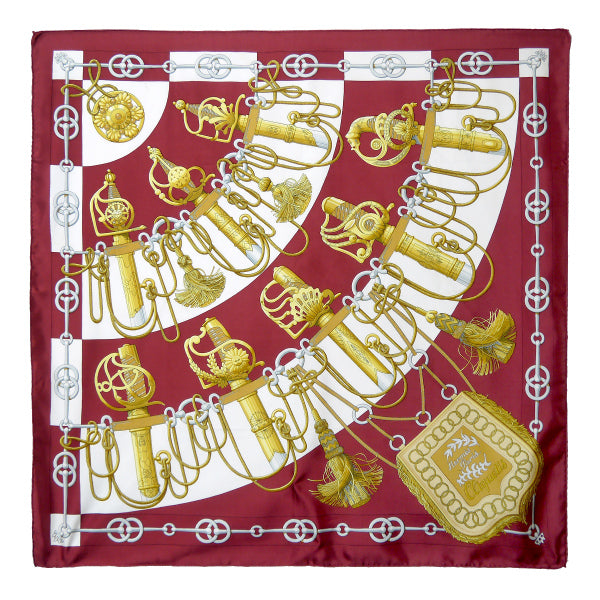 HERMES　大判カレ90スカーフ Cliquetis（赤系/カチカチ・剣）