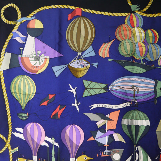 HERMES　大判カレ90スカーフ LES FOLIES DU CIEL（濃紺系/大空の狂気）