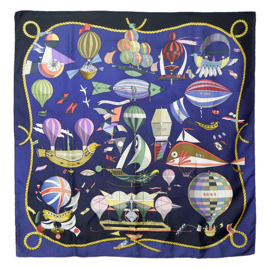 HERMES　大判カレ90スカーフ LES FOLIES DU CIEL（濃紺系/大空の狂気）