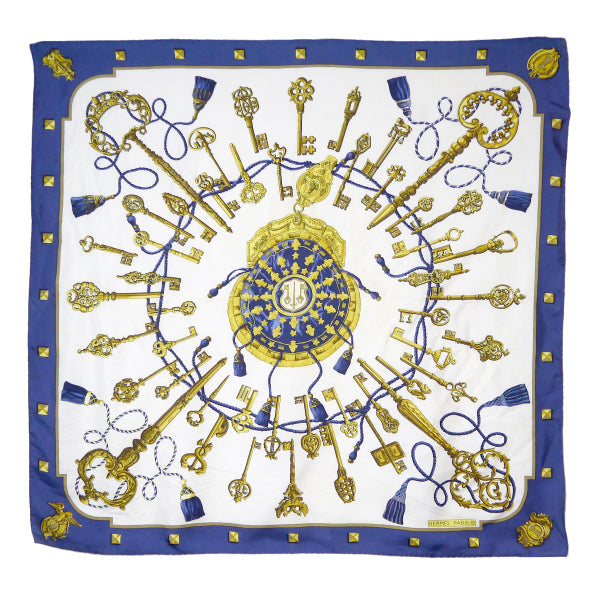 HERMES　大判カレ90スカーフ LES CLES（青系/鍵柄）