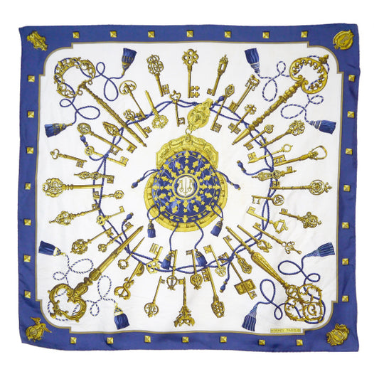 HERMES　大判カレ90スカーフ LES CLES（青系/鍵柄）