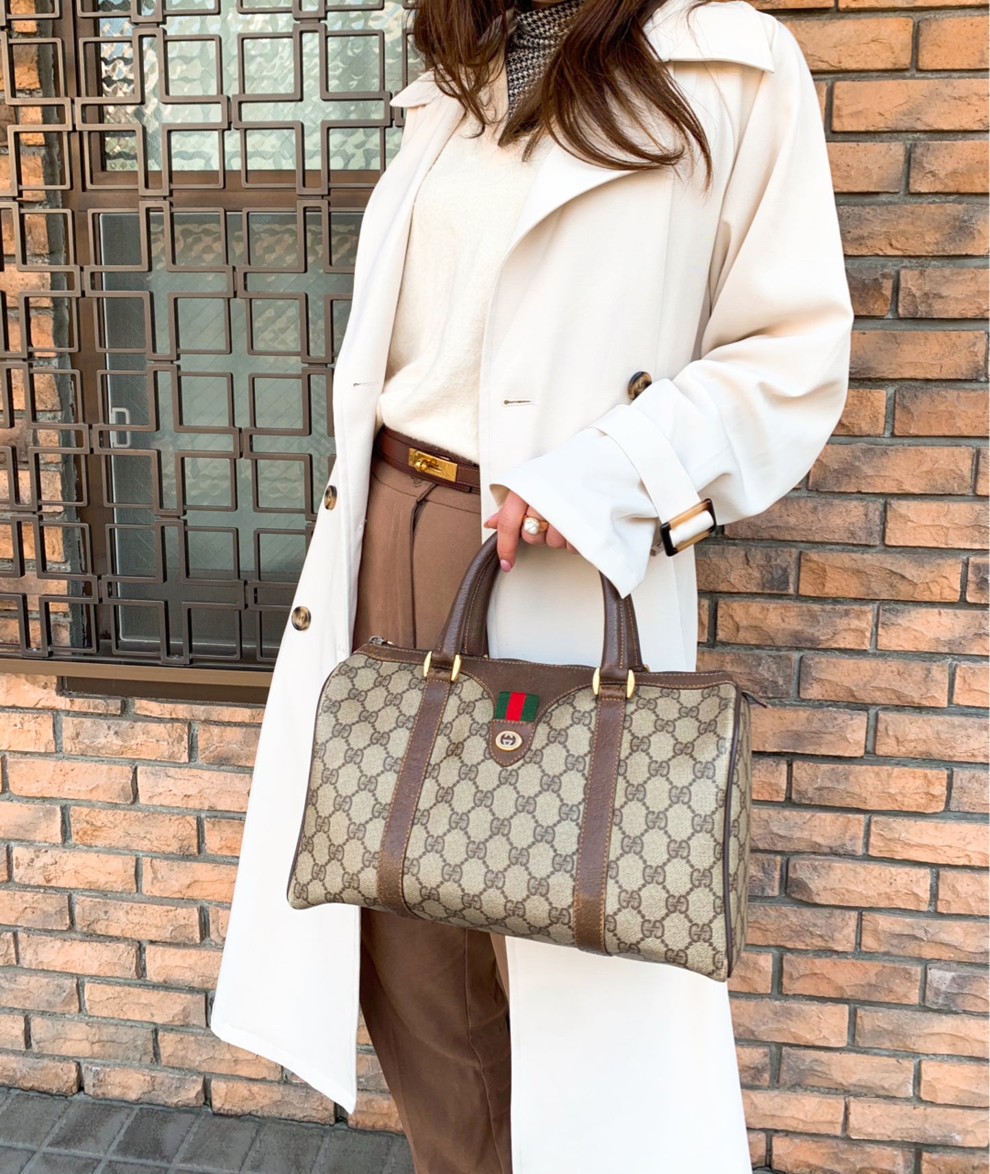 OLD Gucci ミニシェリー定番ボストン（茶・中）