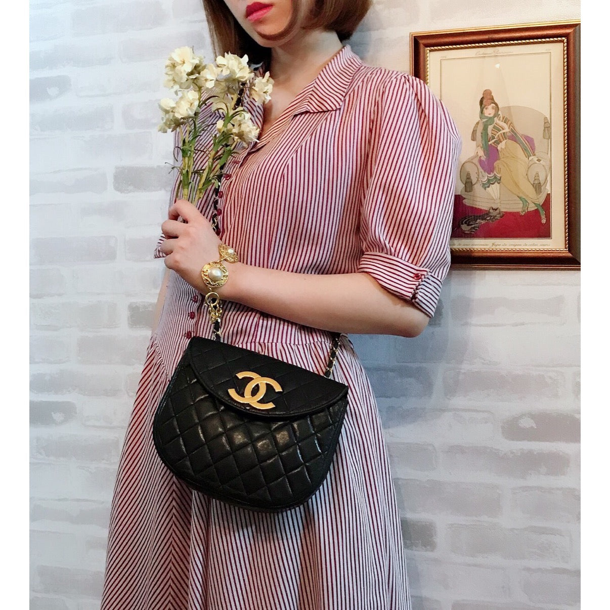 OLD CHANEL ビッグココマーク マトラッセチェーンポシェット（黒/ラムスキン）