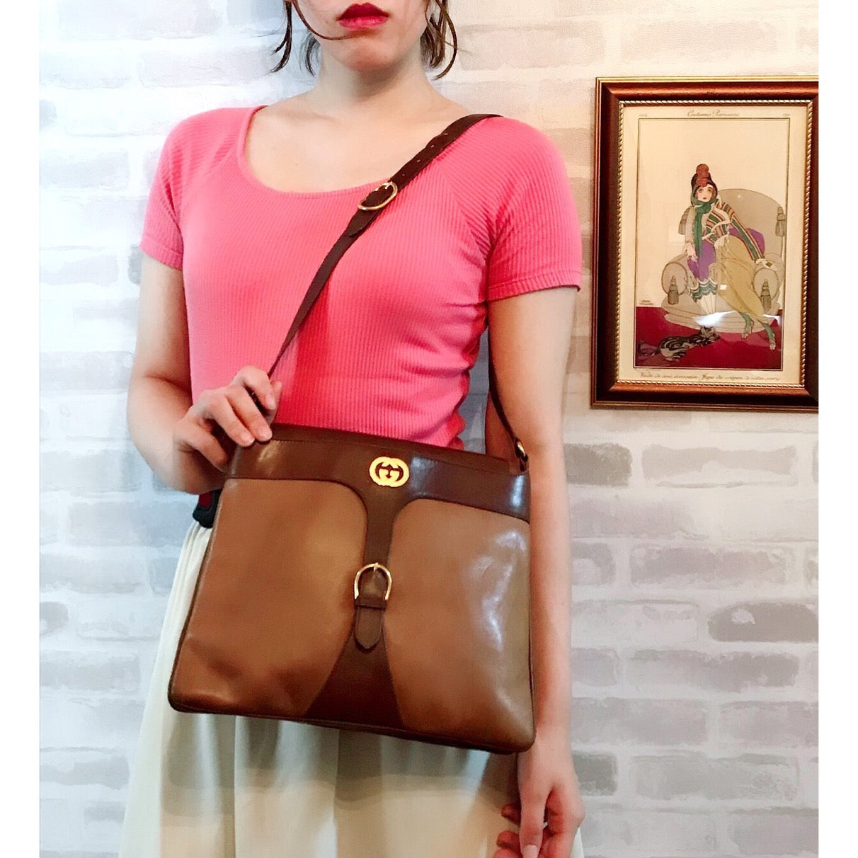 OLD Gucci バイカラー総革スクエアショルダー（茶×キャメル）