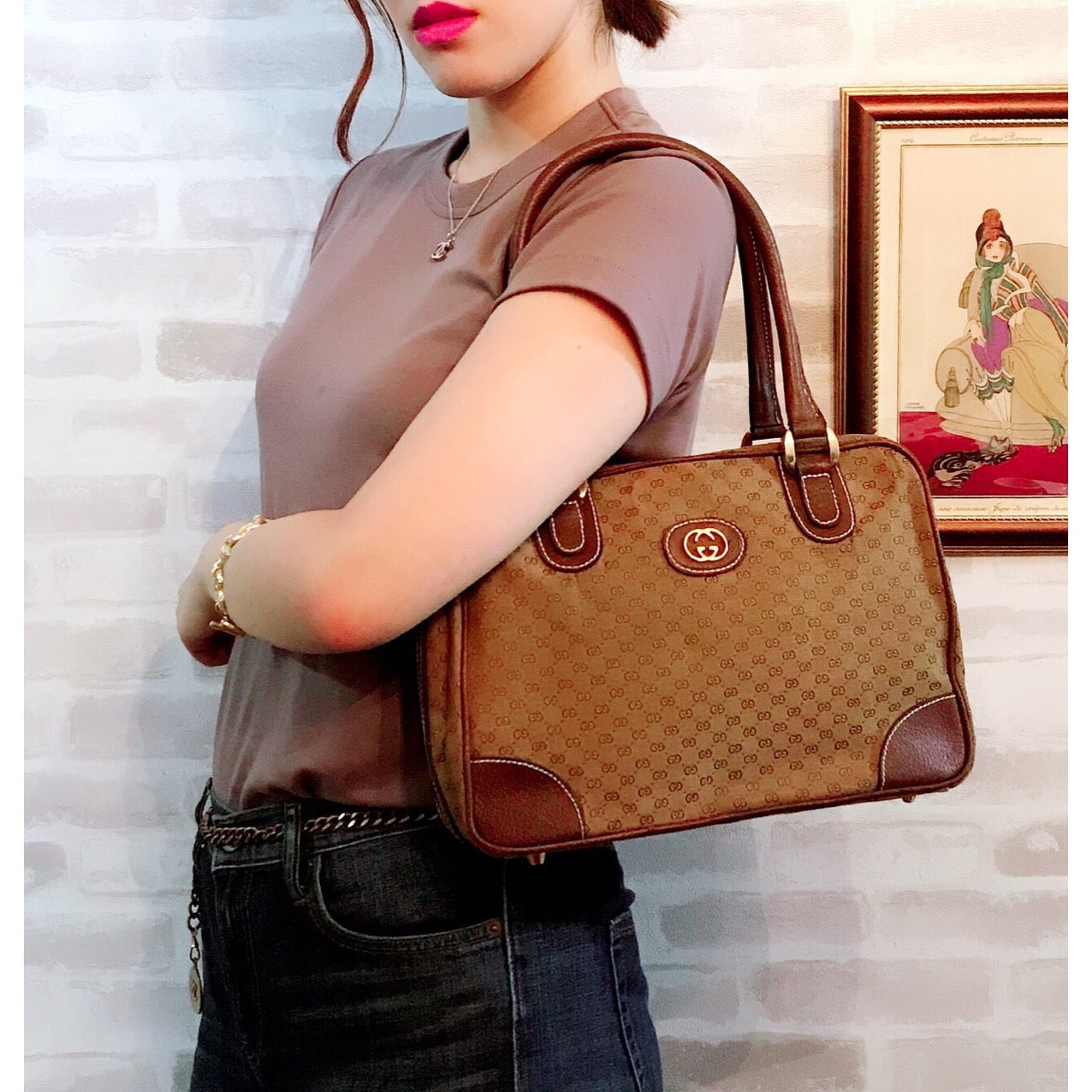 OLD Gucci メキシコ製!!希少マイクロGGジャガード ミニボストン（茶）