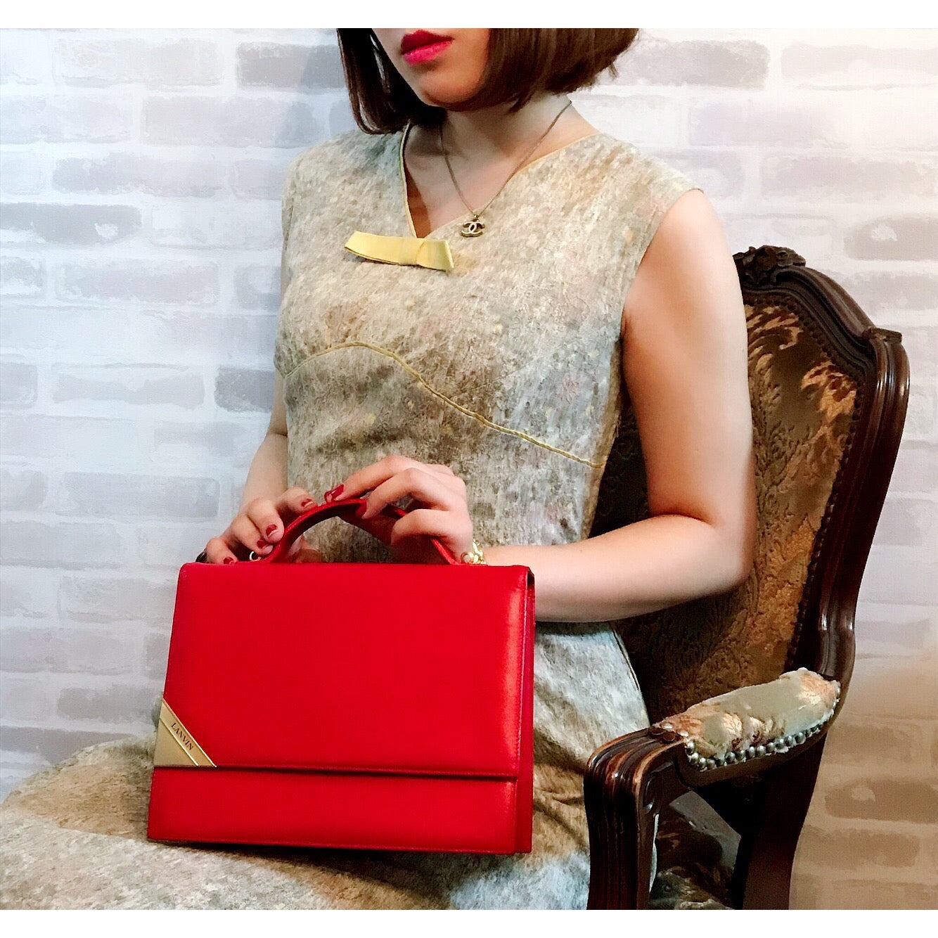 Lanvin 総革ショルダー付きハンドバッグ（赤）