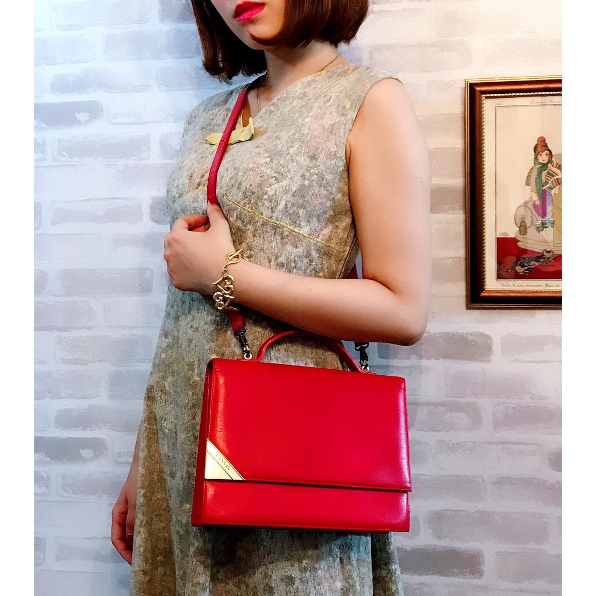 Lanvin 総革ショルダー付きハンドバッグ（赤）