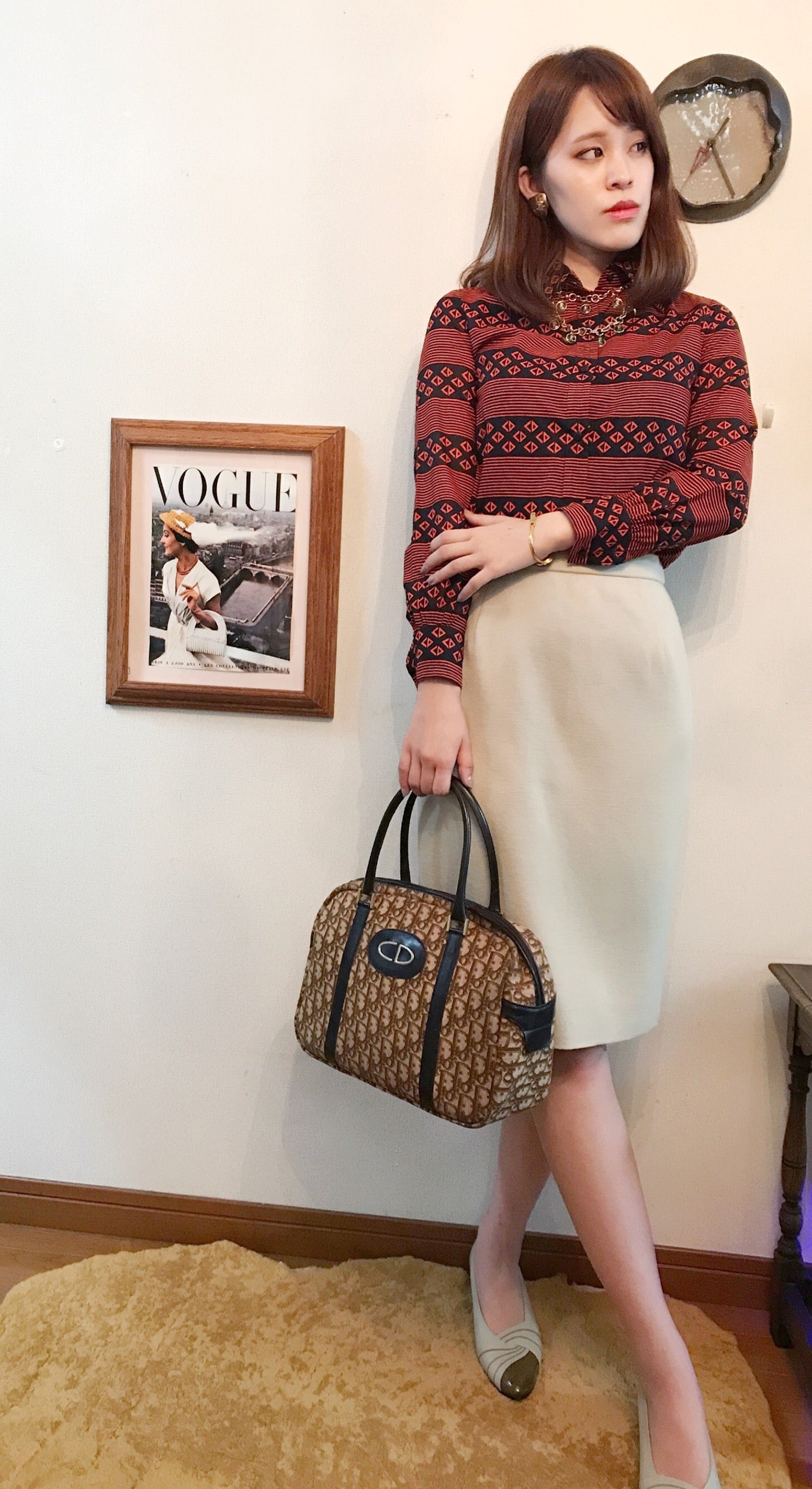 OLD Dior　ボーダー×CD柄ブラウス（テラコッタ）