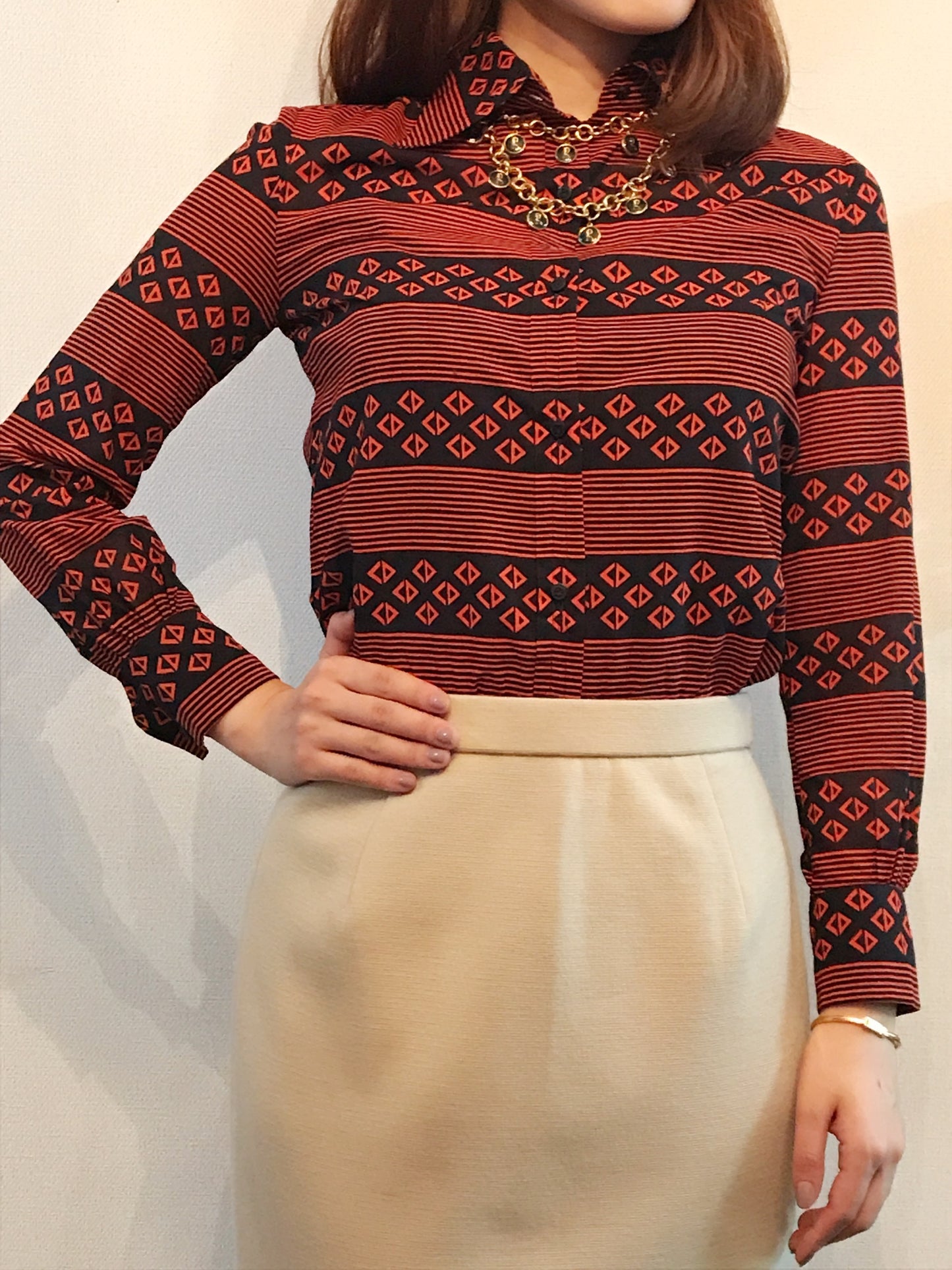 OLD Dior　ボーダー×CD柄ブラウス（テラコッタ）