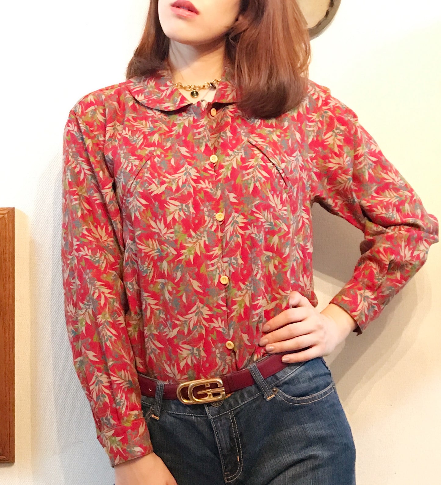 Old Dior ボタニカル柄ブラウス（赤）