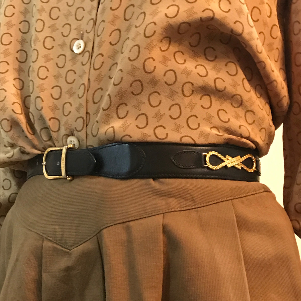 Old Celine ロープ金具レザーウエストベルト（黒）