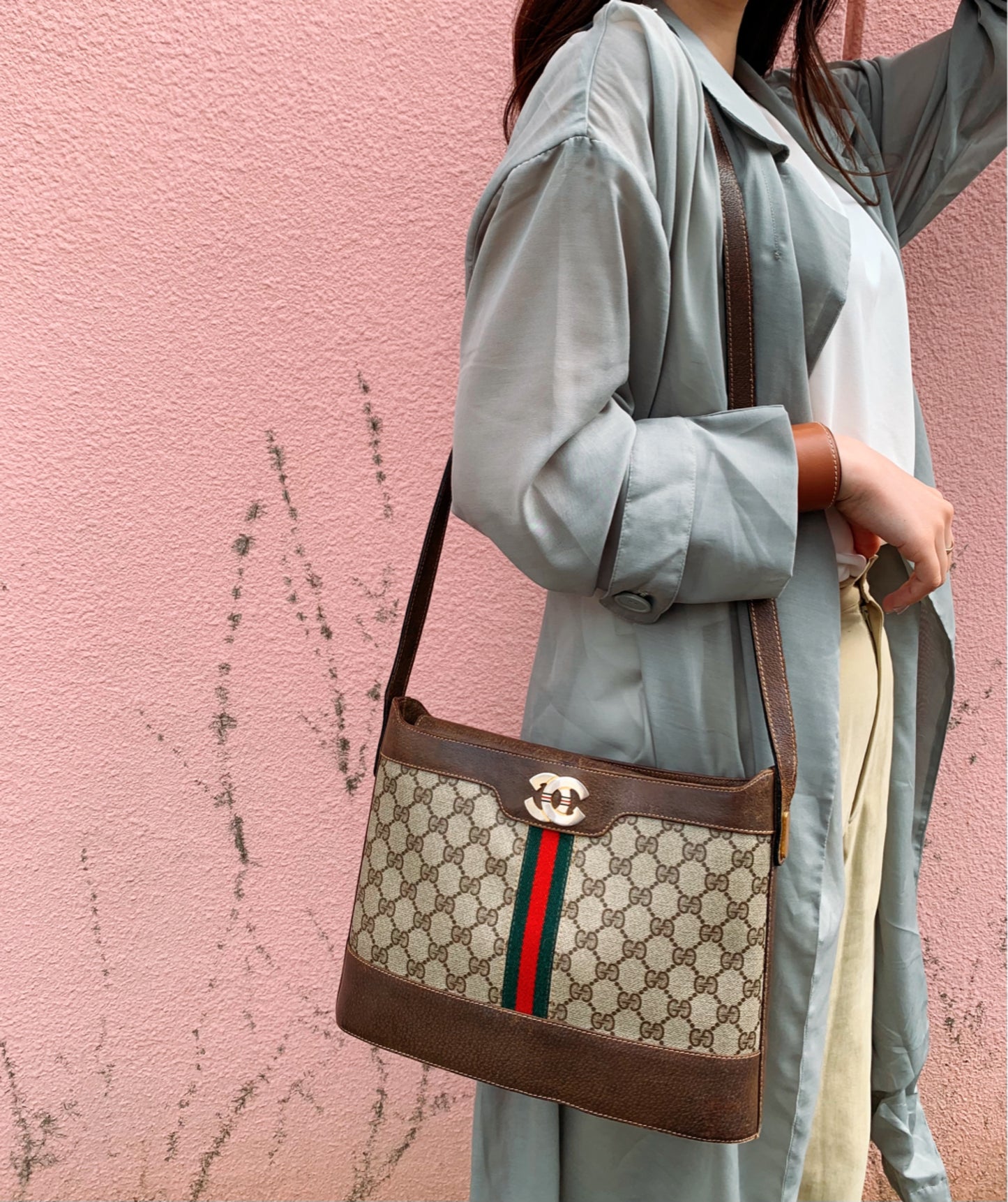 OLD Gucci　レア！シェリーバケツ型ショルダー（茶）