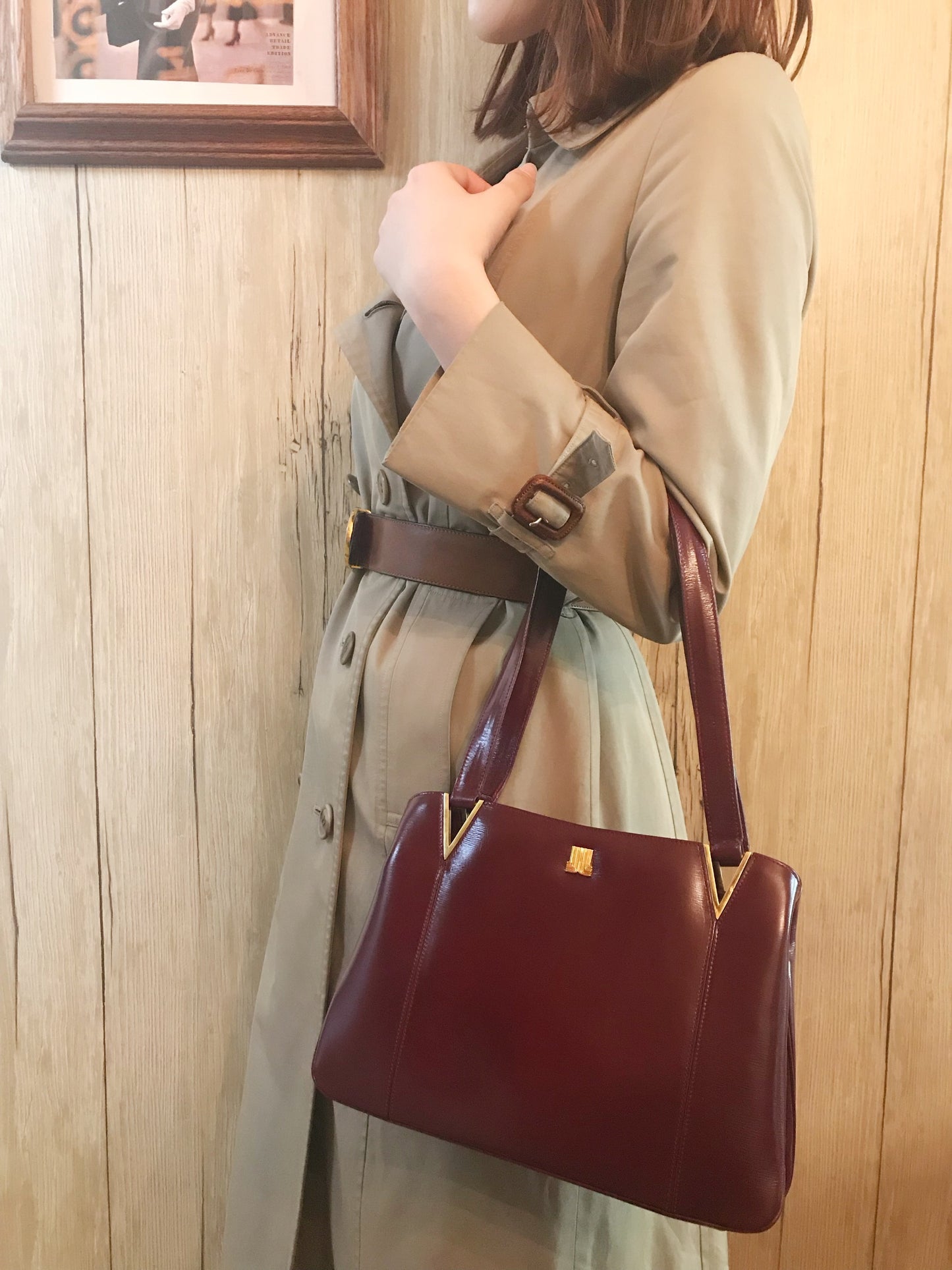 Lanvin アンティーク総革がま口ハンドバッグ（ワインレッド）