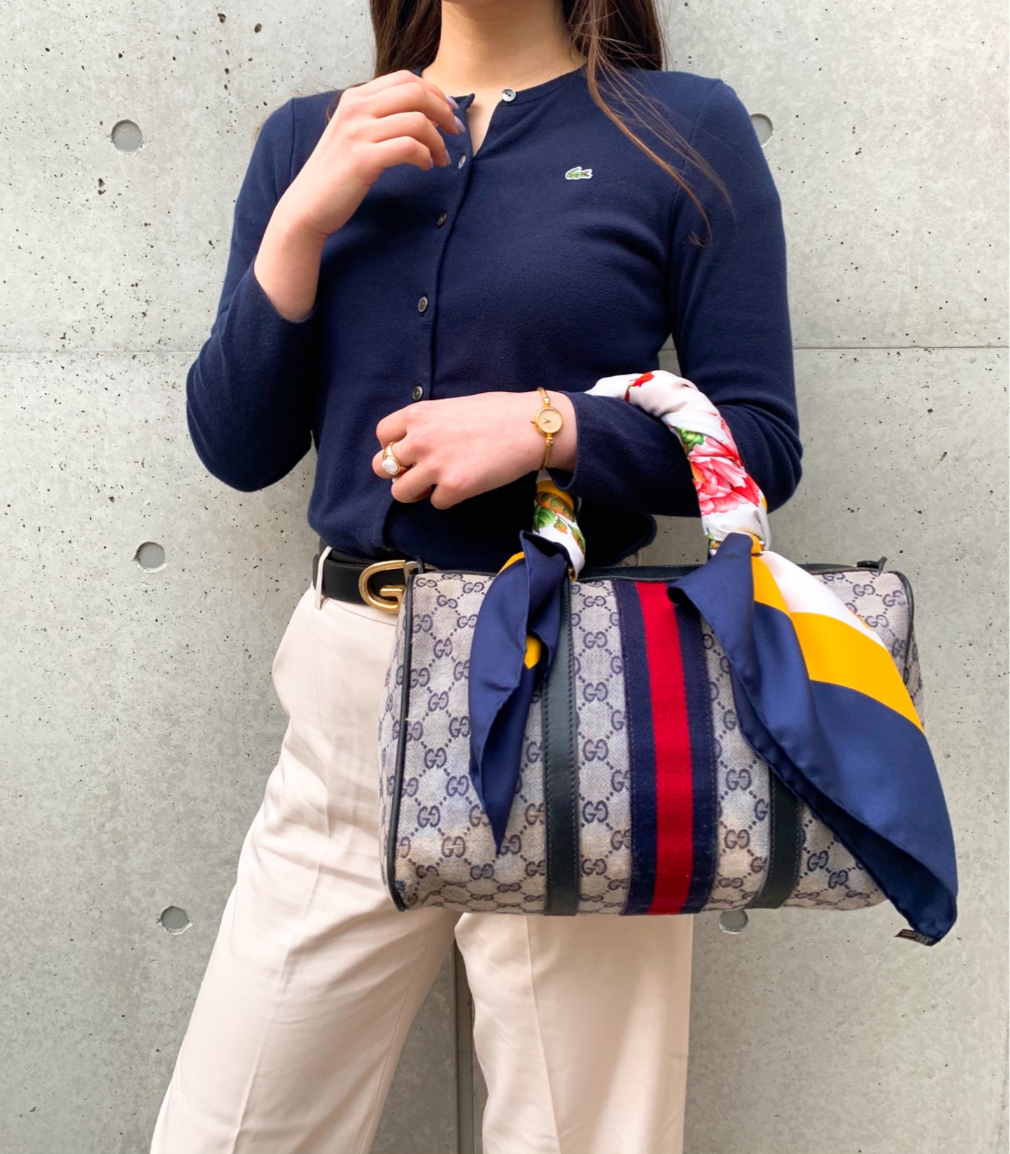 OLD Gucci 革2本シェリー ジャガードボストン（青/中）