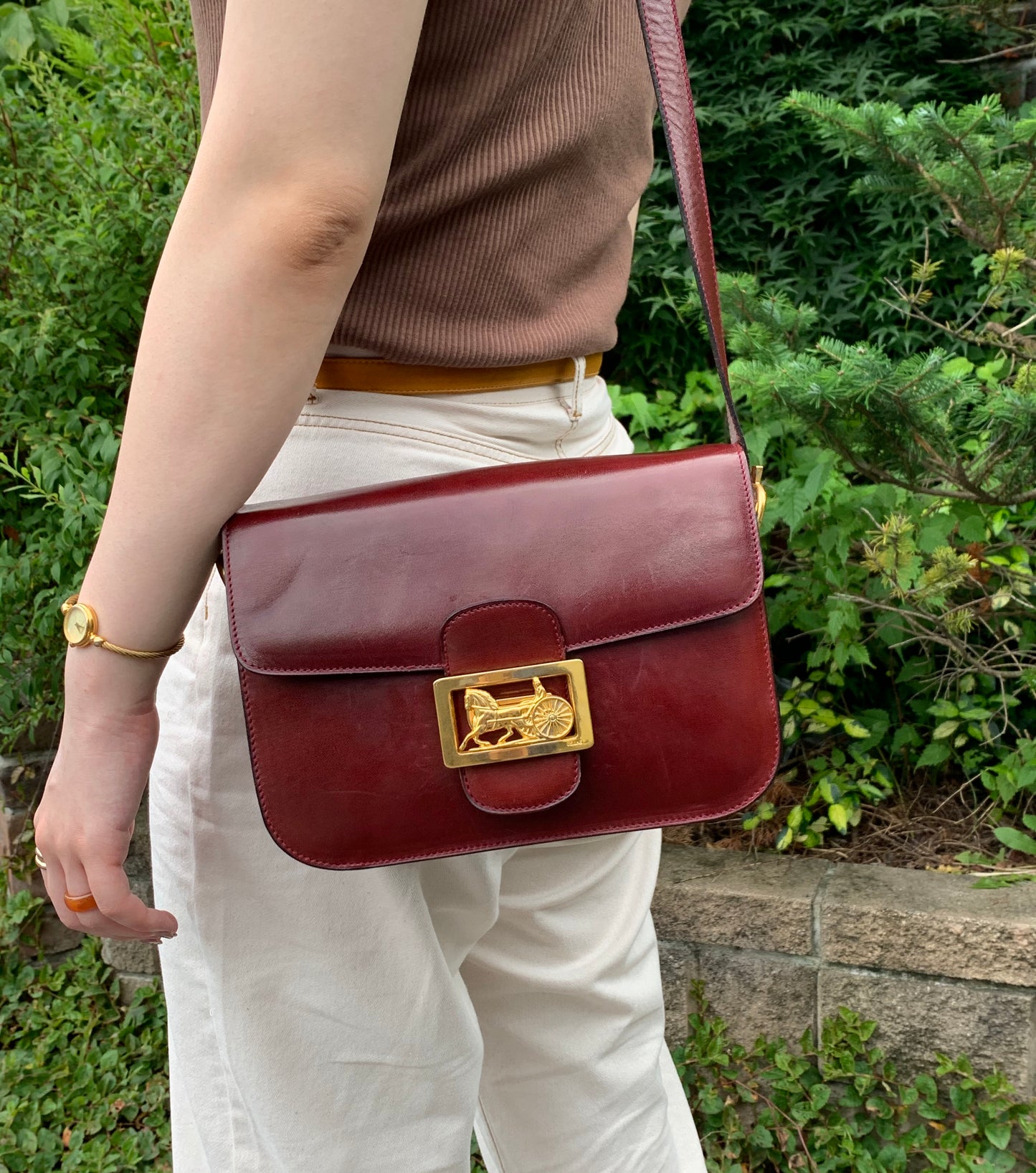 OLD CELINE 馬車金具3層ショルダーバッグ（ボルドー/総革）