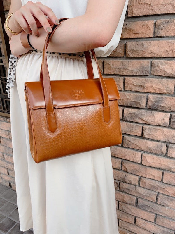 OLD Gucci　総革パテントGG型押しハンドバッグ（茶）