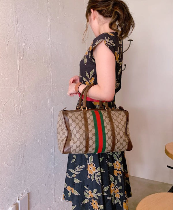 OLD Gucci 革2本シェリーラインボストン（茶・中）